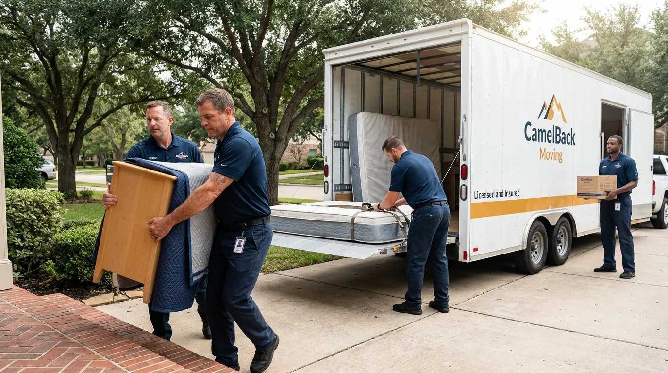 Crew loading residential truck for cross-state move from Hawkins, TX