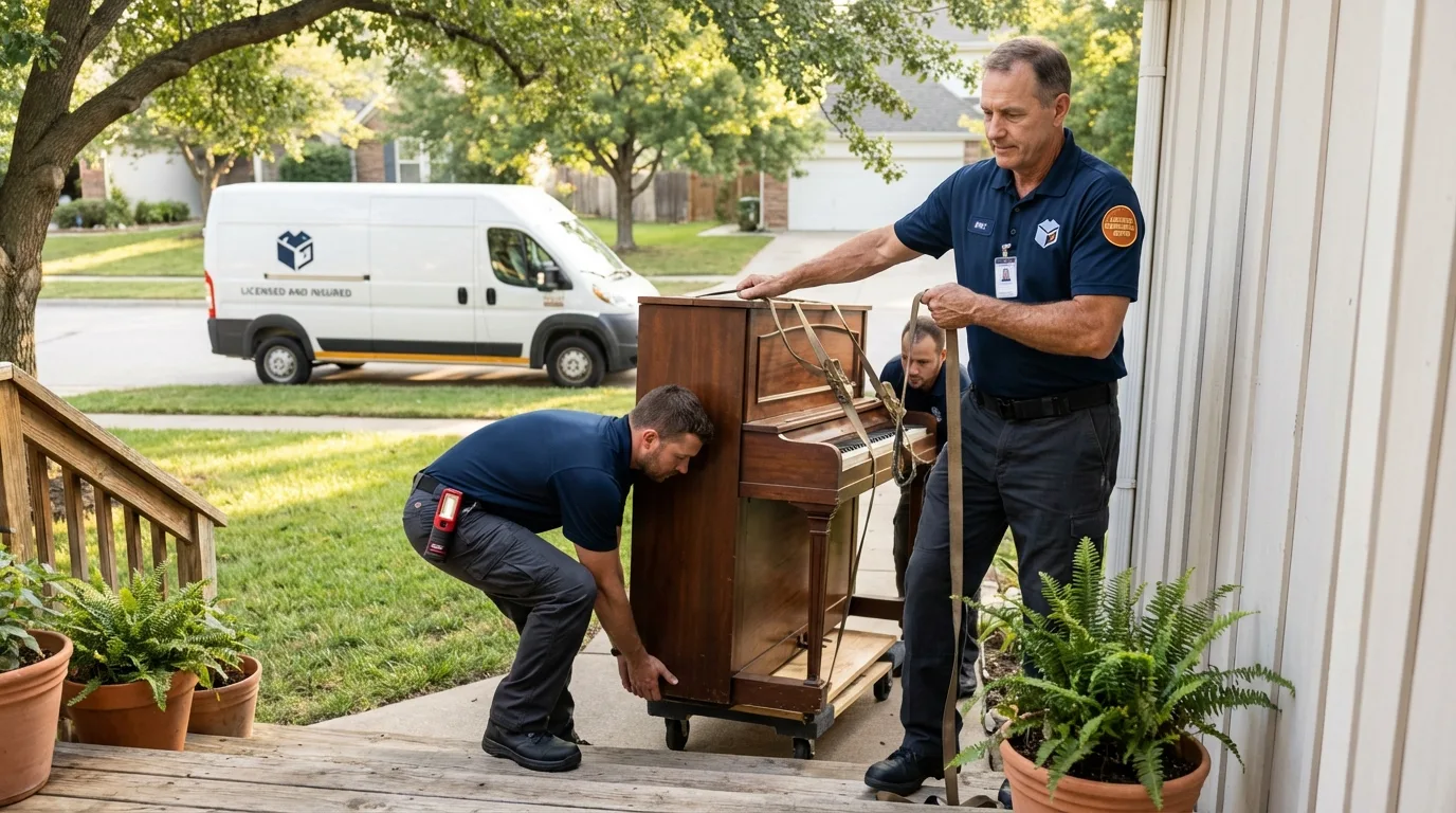 Licensed piano movers securing grand piano in Hawkins, TX