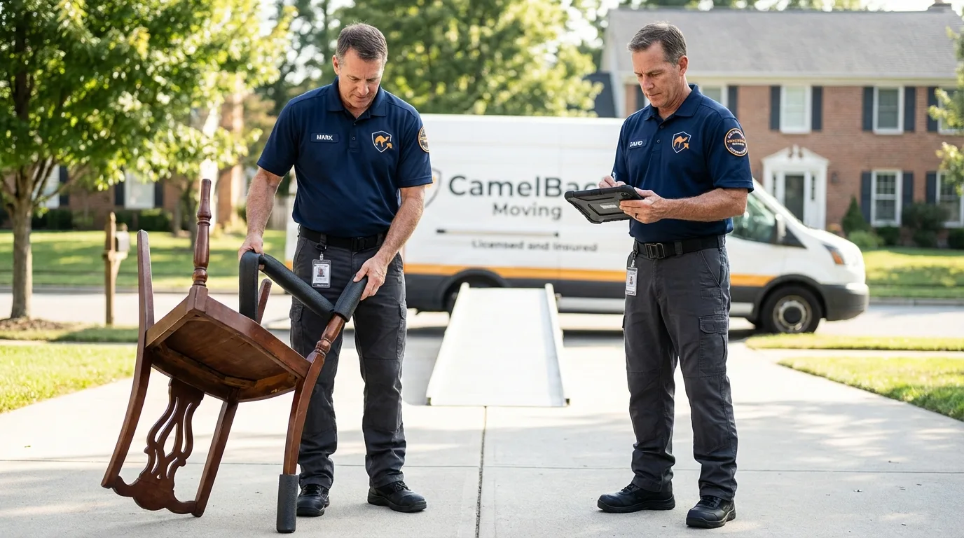 Movers inspecting furniture for damage prevention before loading in Hawkins, TX