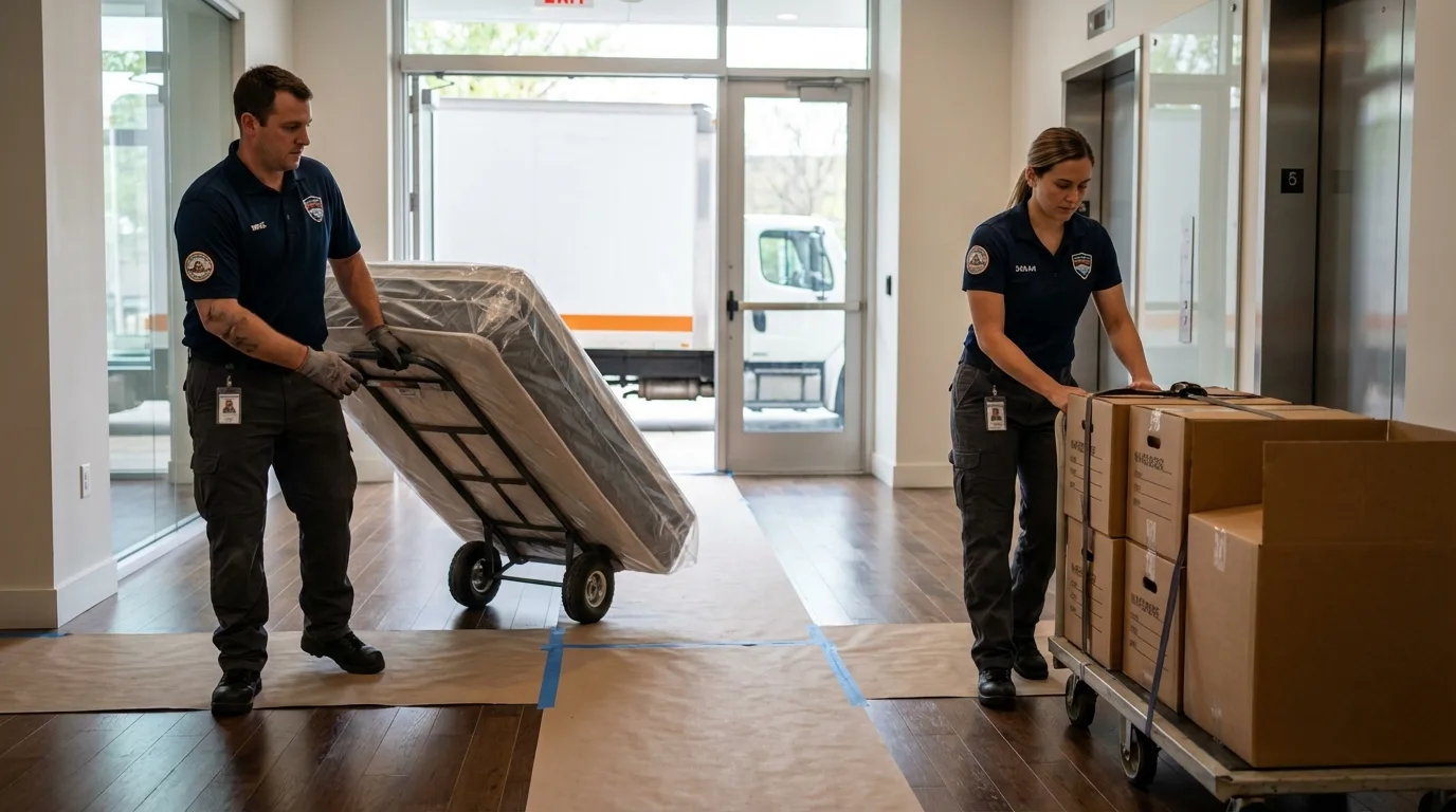 Professional apartment movers loading elevator in Hawkins, TX