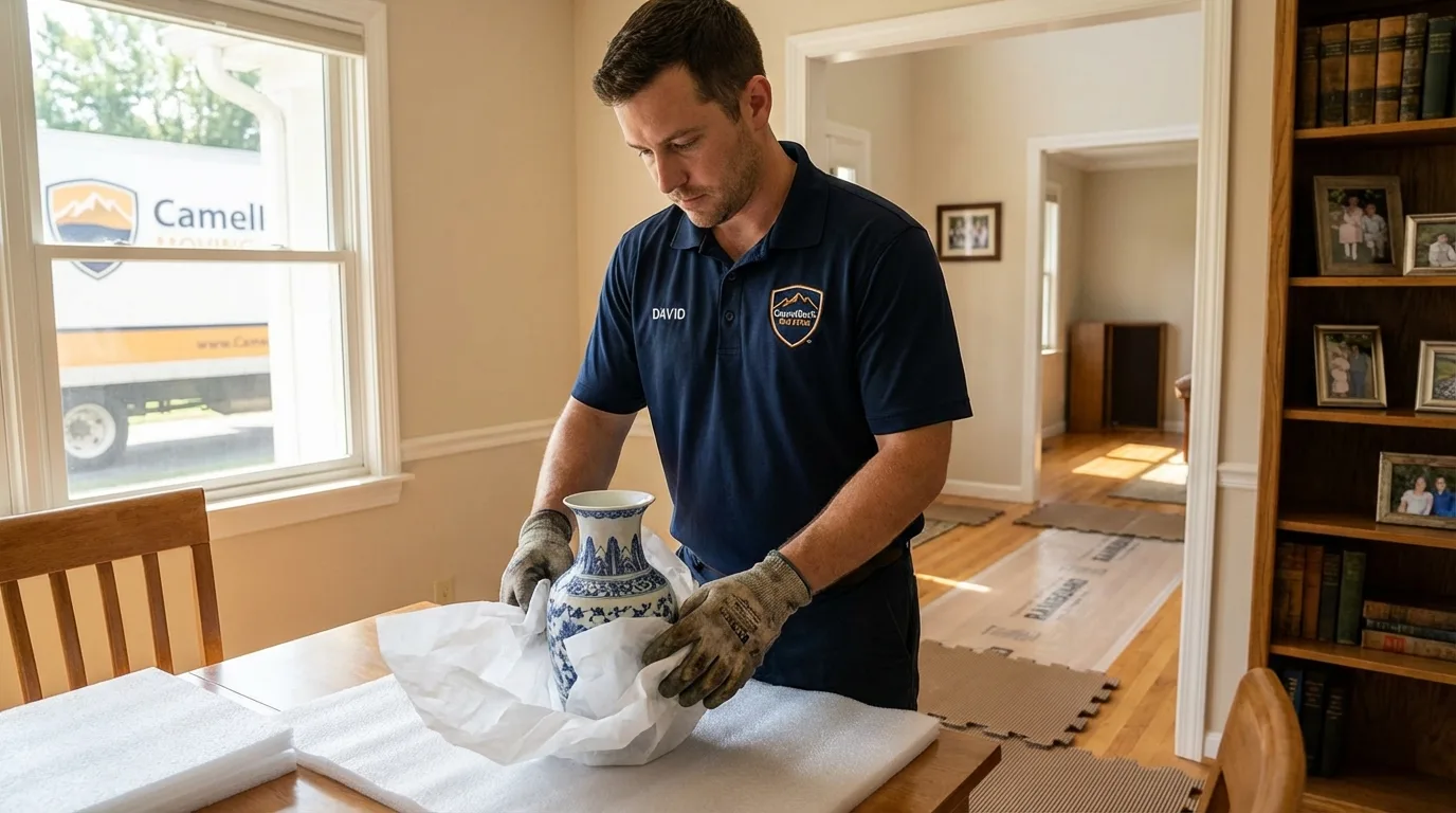 Professional crew carefully wrapping antique vase for senior downsizing move in Hawkins, TX